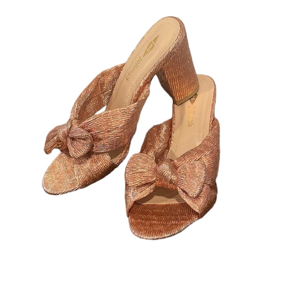 Metallic rose gold open back slide in shoes with bow and chunky block heel